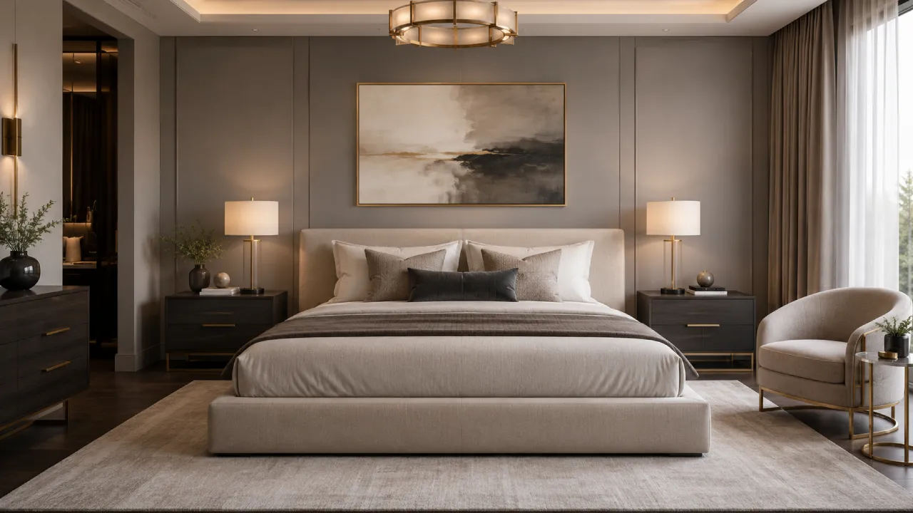 Diseño de dormitorios contemporáneo con cama baja y tonos neutros