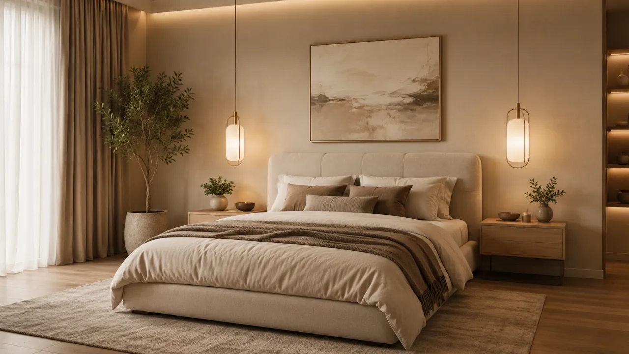 Dormitorio contemporáneo con materiales naturales, textiles neutros y luz cálida