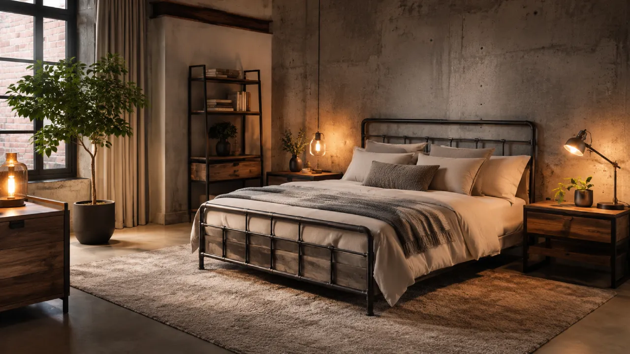Dormitorio industrial acogedor con cama metálica, textiles neutros y luz cálida