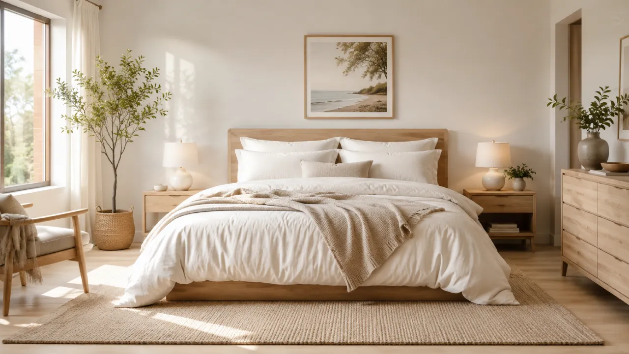 Diseño de dormitorios escandinavo con madera clara y textiles suaves