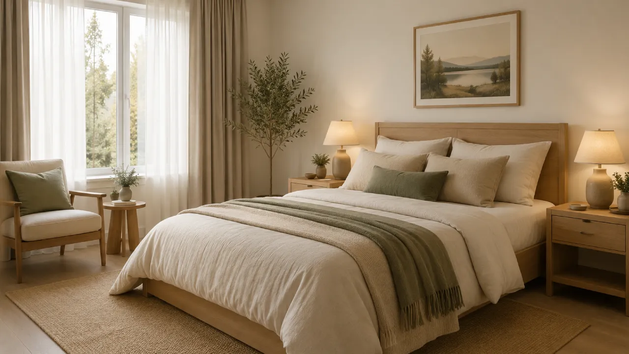 Dormitorio principal escandinavo con textiles neutros, madera clara y luz cálida