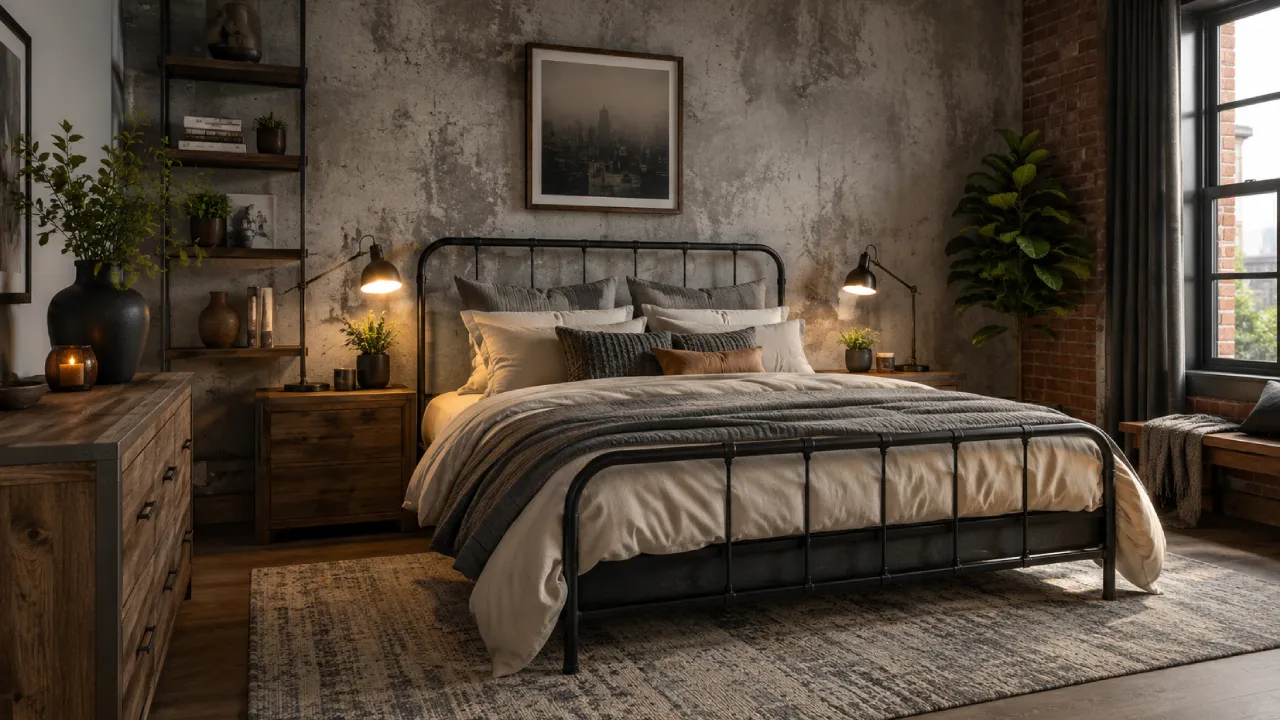 Diseño de dormitorio industrial con metal negro, cemento y textiles cálidos
