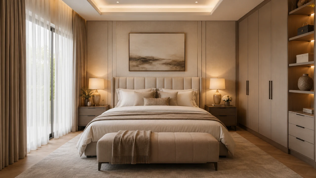 Dormitorio principal elegante en presupuesto de diseño de interiores