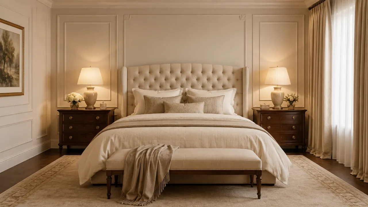 Dormitorio clásico elegante con cama tapizada, molduras y lámparas cálidas