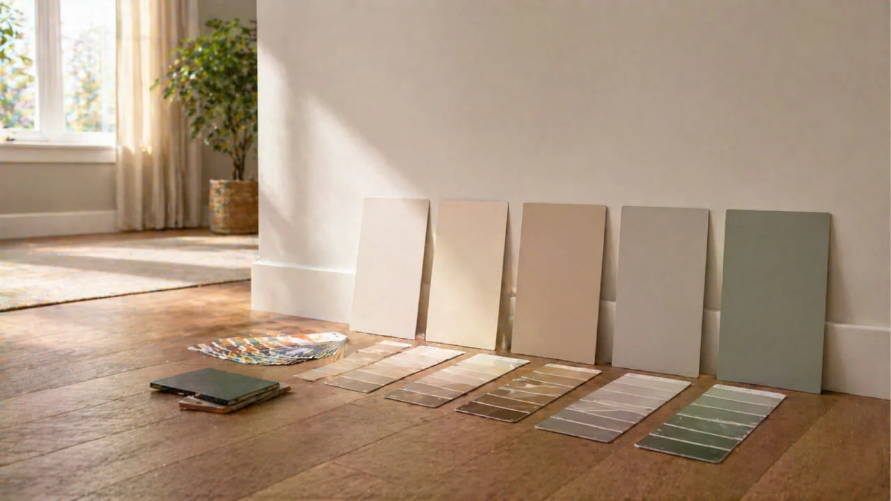 Muestras de color de pintura junto a suelo de madera para elegir combinación