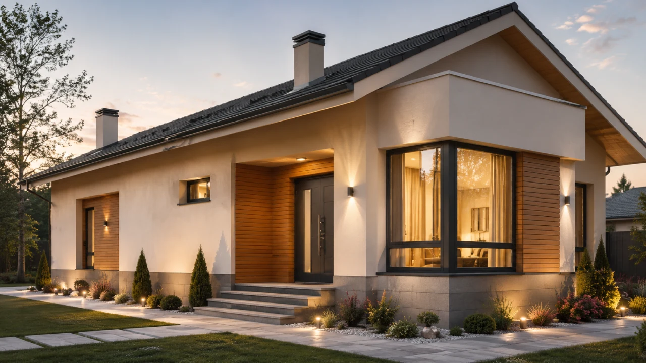 Casa moderna con fachada aislada y acabado decorativo exterior