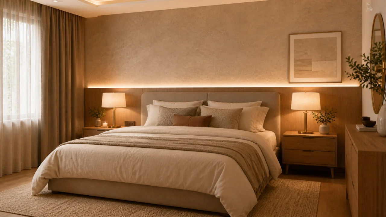Dormitorio con iluminación cálida y acabados suaves