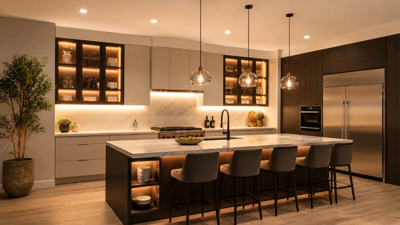 Iluminación de cocina por zonas con LED bajo muebles y lámparas colgantes