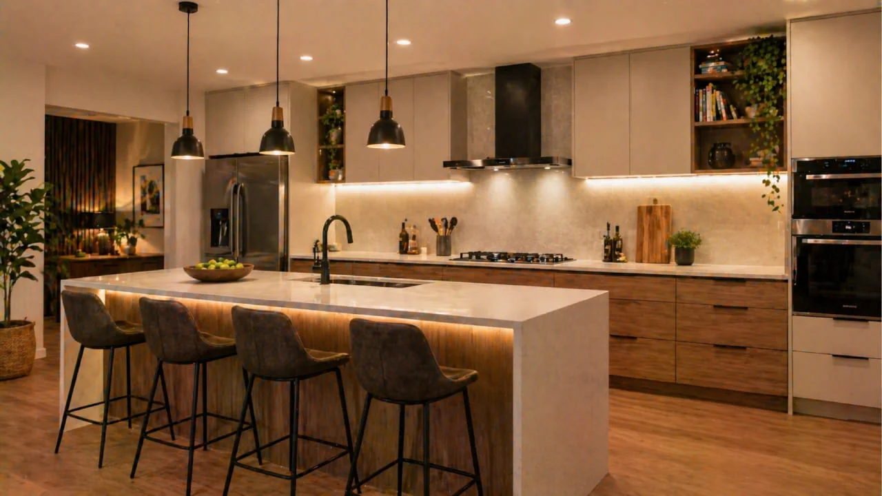 Iluminación de cocina por zonas con luz en encimera y lámparas decorativas