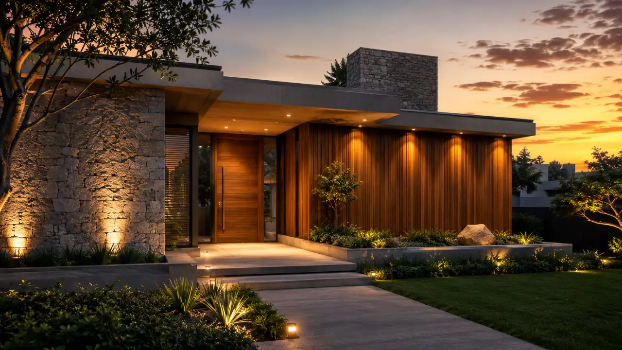 Fachada contemporánea con piedra, madera e iluminación exterior cálida