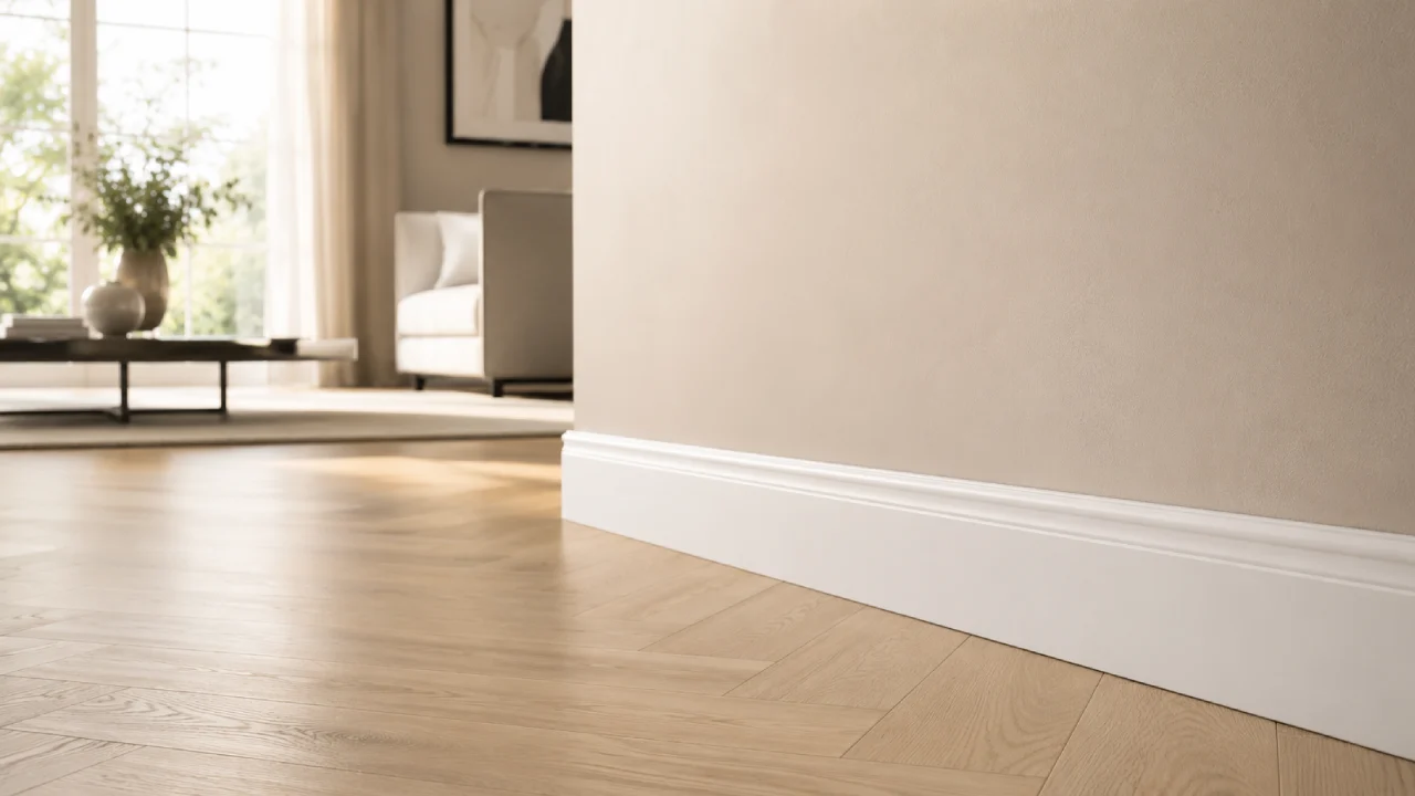 Instalación de zócalos de parquet en interior moderno con suelo de madera