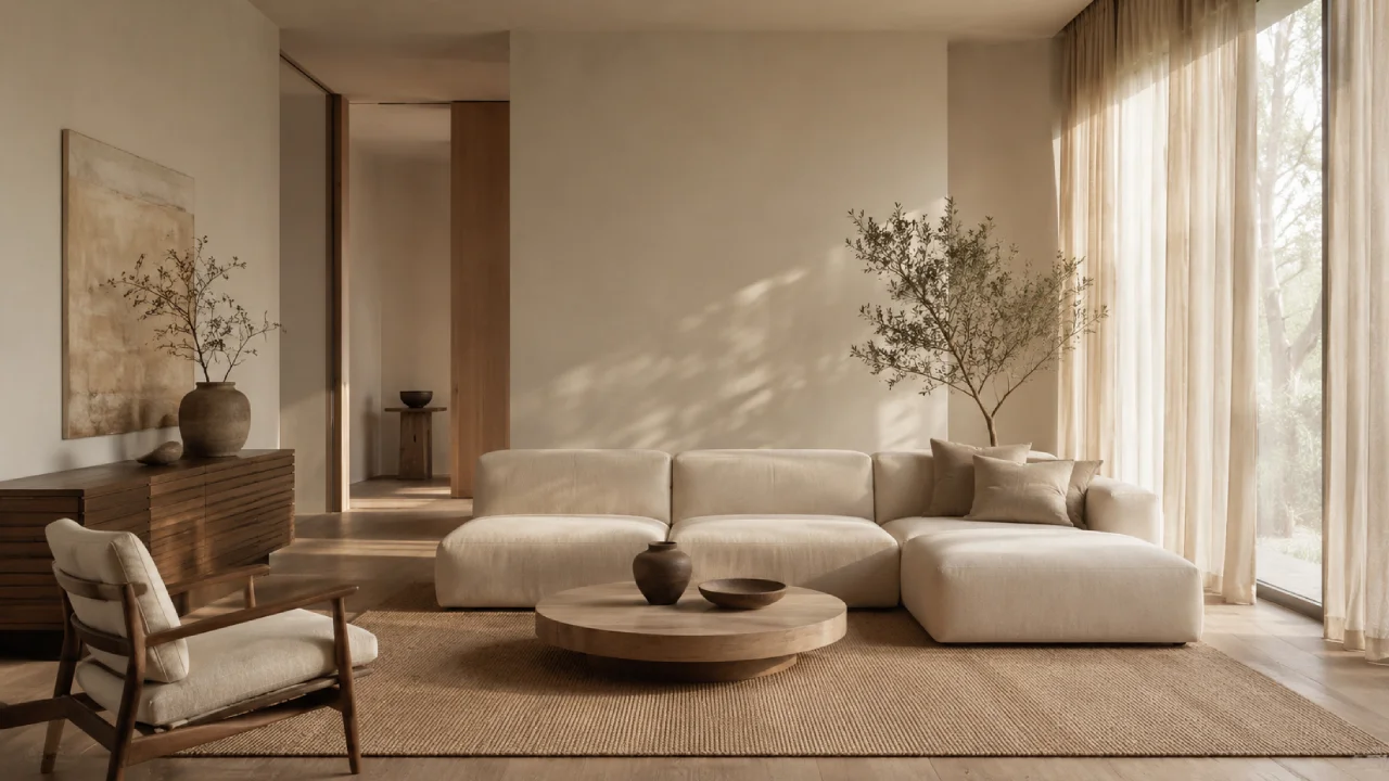 Interior de lujo silencioso con tonos neutros, orden y materiales naturales