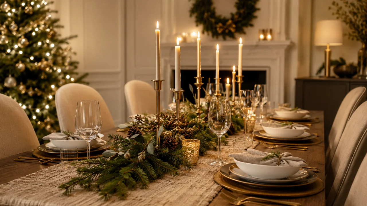 Mesa navideña elegante con velas, ramas verdes y detalles dorados