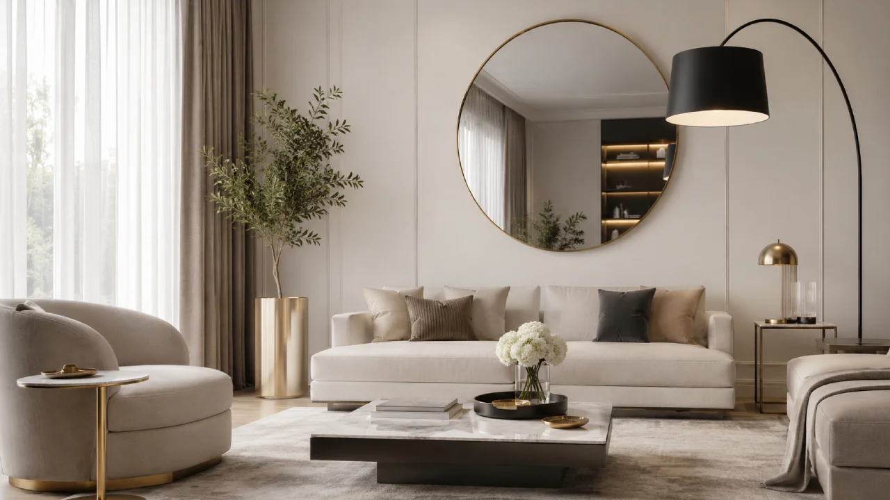 Decoración moderna con mezcla de metales en lámparas, mesa y accesorios