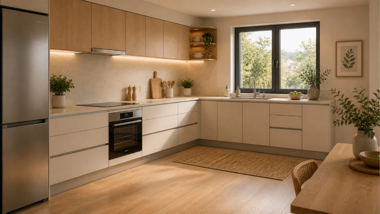 Cocina en forma de L con muebles funcionales y encimera amplia