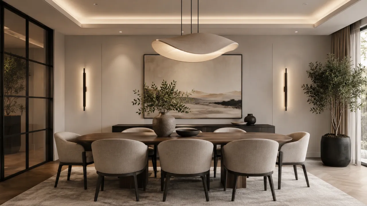 Comedor contemporáneo con mesa protagonista, sillas curvas y lámpara escultórica