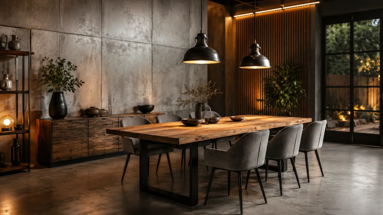 Comedor industrial con mesa de madera, metal negro y lámparas colgantes