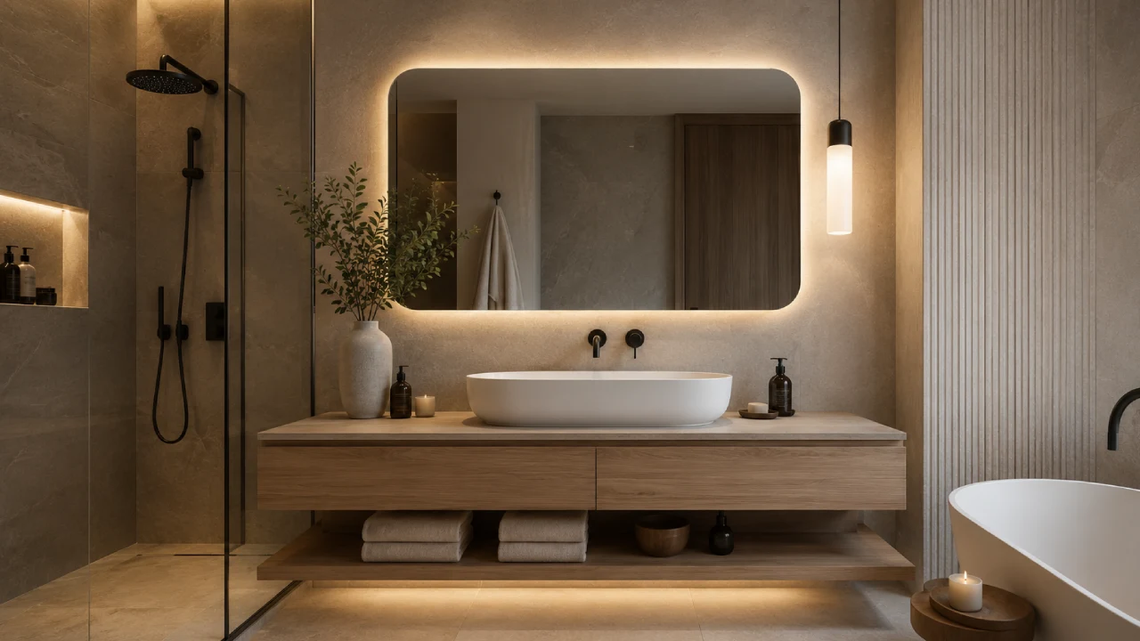 Objetos sanitarios de máxima calidad en baño moderno con lavabo sobre encimera