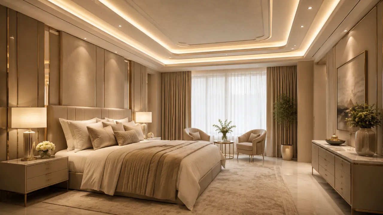 Dormitorio con paneles decorativos de techo e iluminación LED indirecta