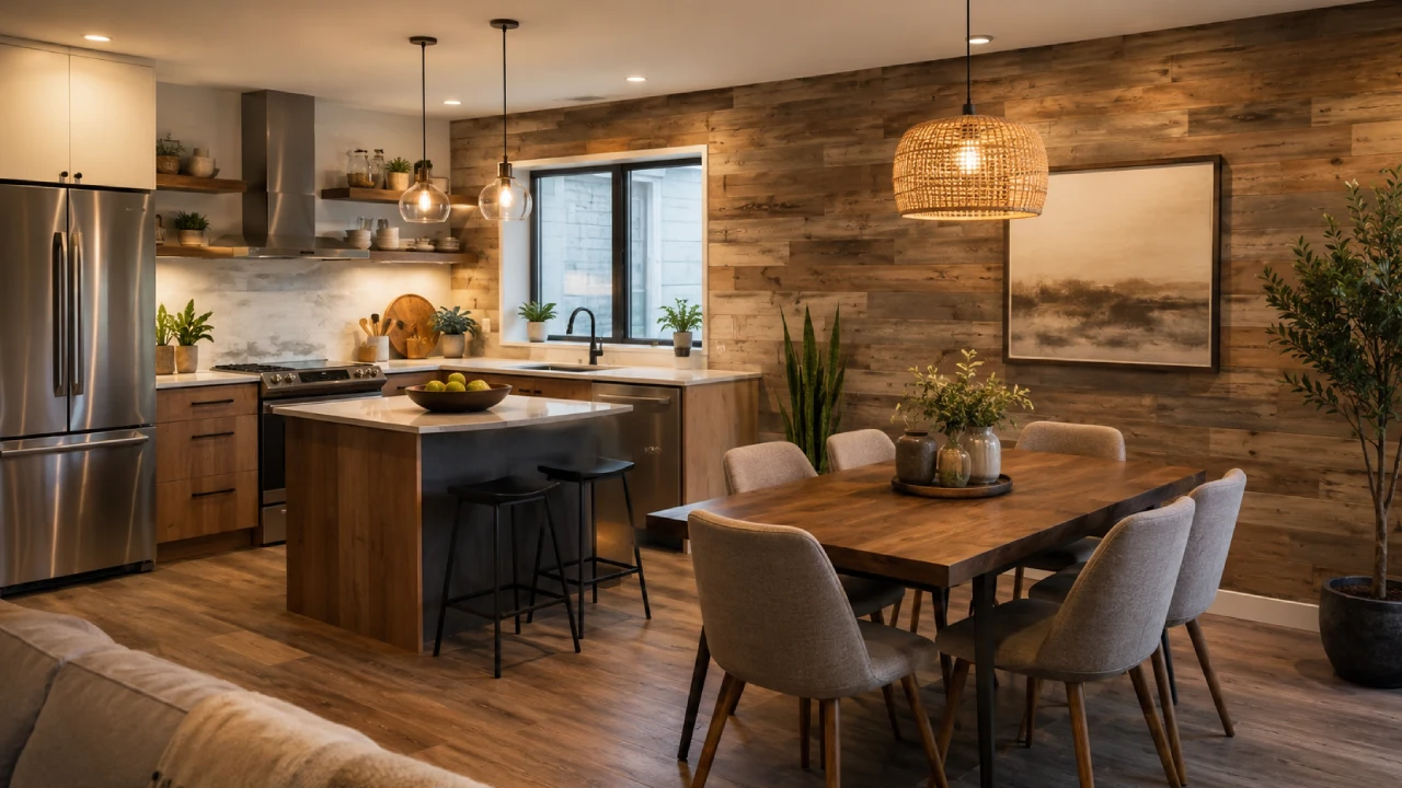 Paneles decorativos de madera tratada en zona de comedor de cocina