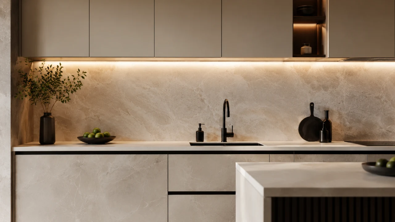 Cocina elegante con panel decorativo efecto piedra en lugar de azulejos
