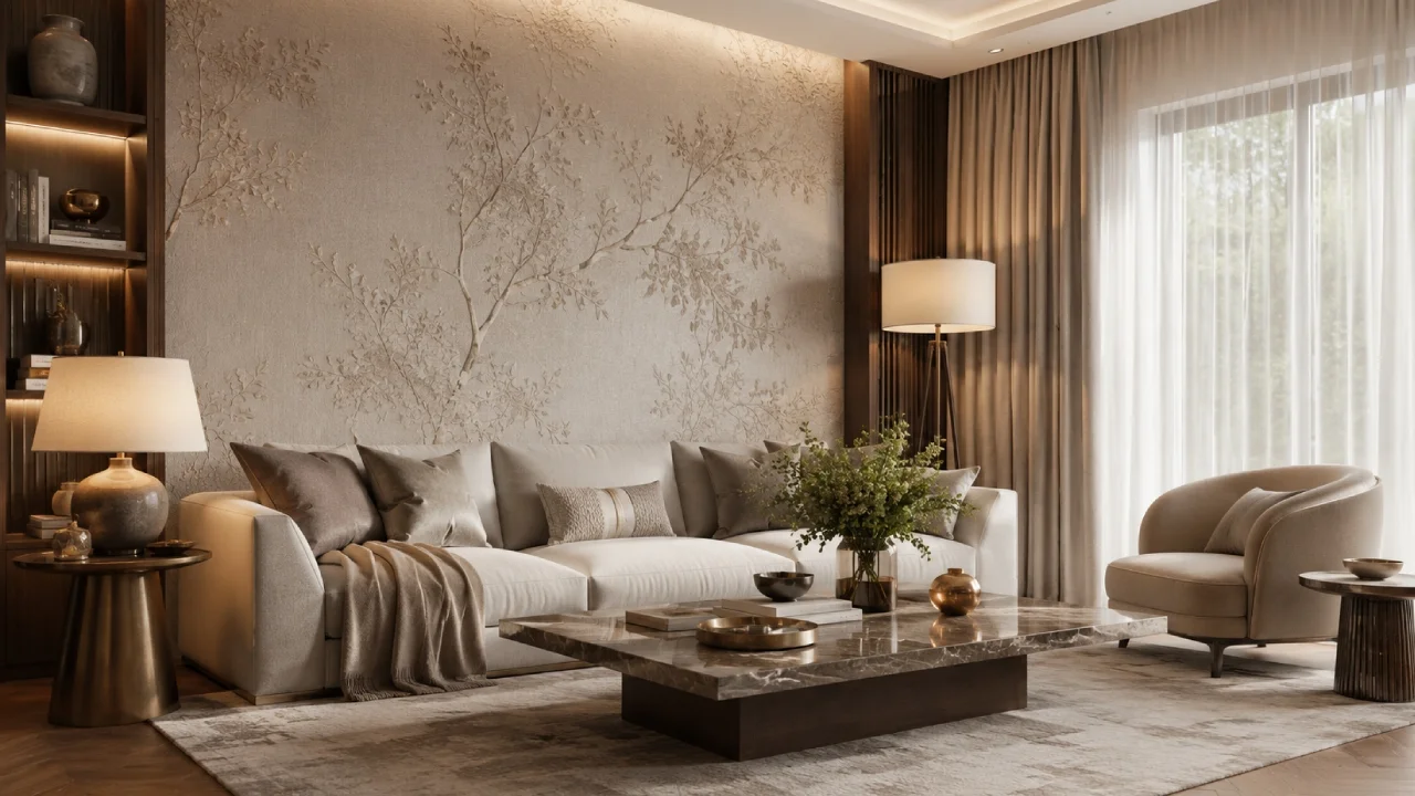 Salón elegante con papel pintado texturizado en pared principal