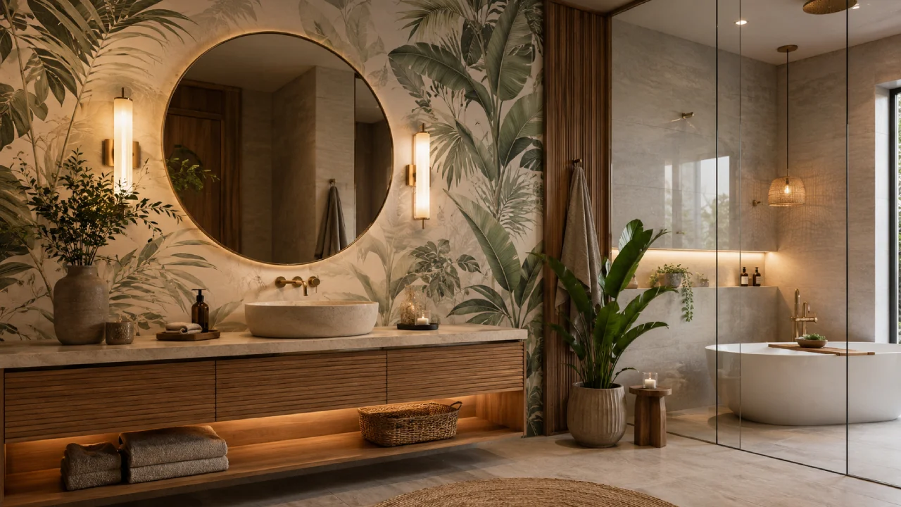 Baño elegante con papel pintado botánico resistente a la humedad