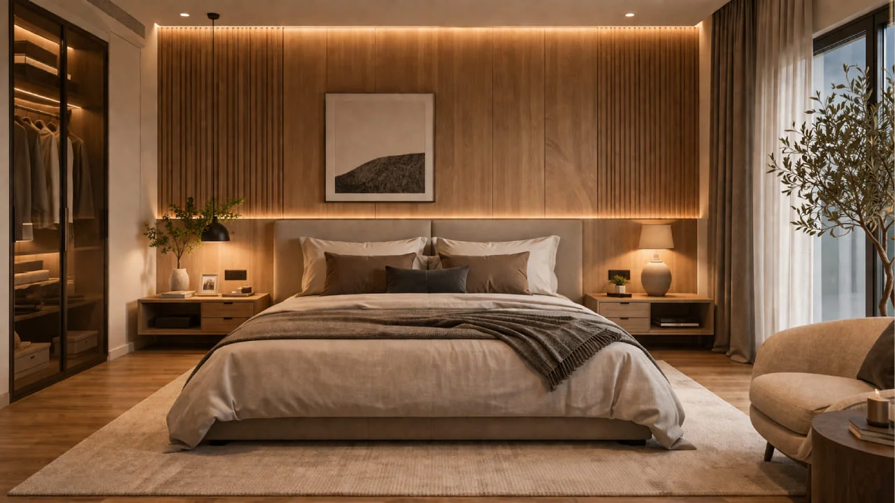 Pared de cabecero con textura en dormitorio elegante