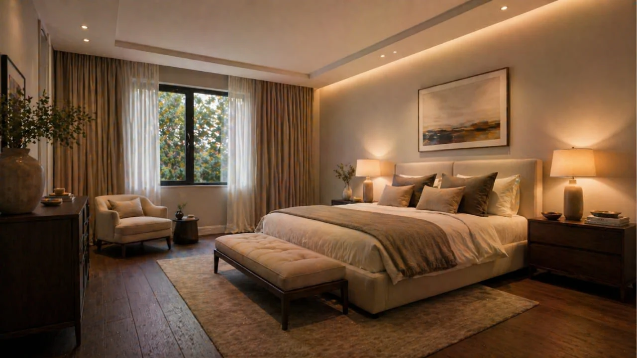 Habitación elegante con suelo de madera oscura y paredes claras