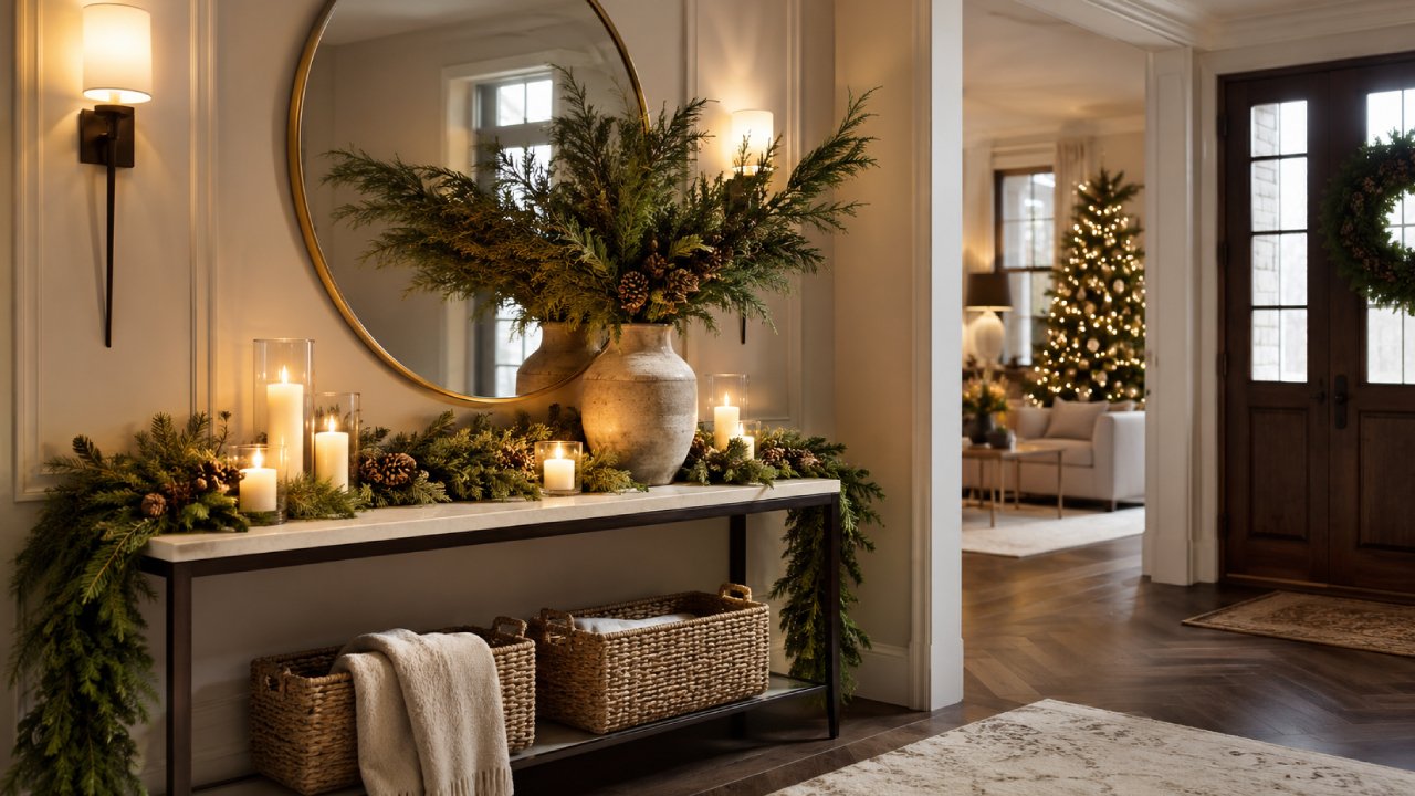 Recibidor decorado para Navidad con guirnalda y velas cálidas