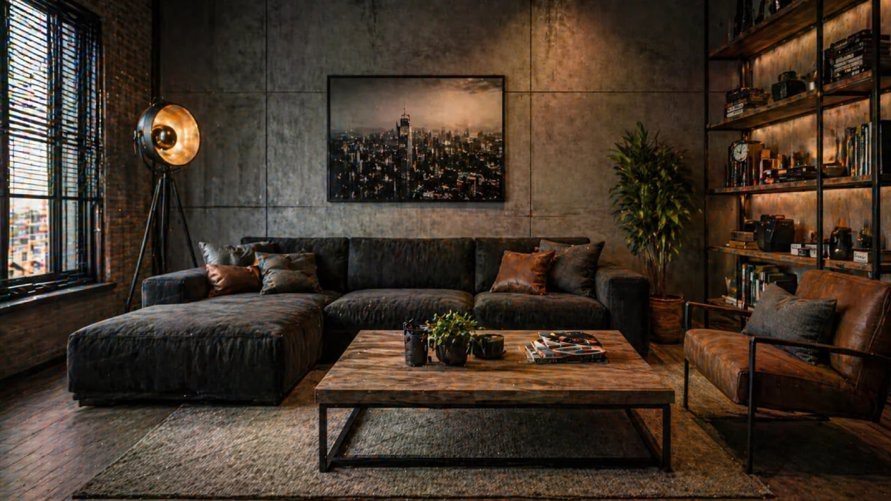 Salón masculino con diseño industrial elegante y pared efecto hormigón