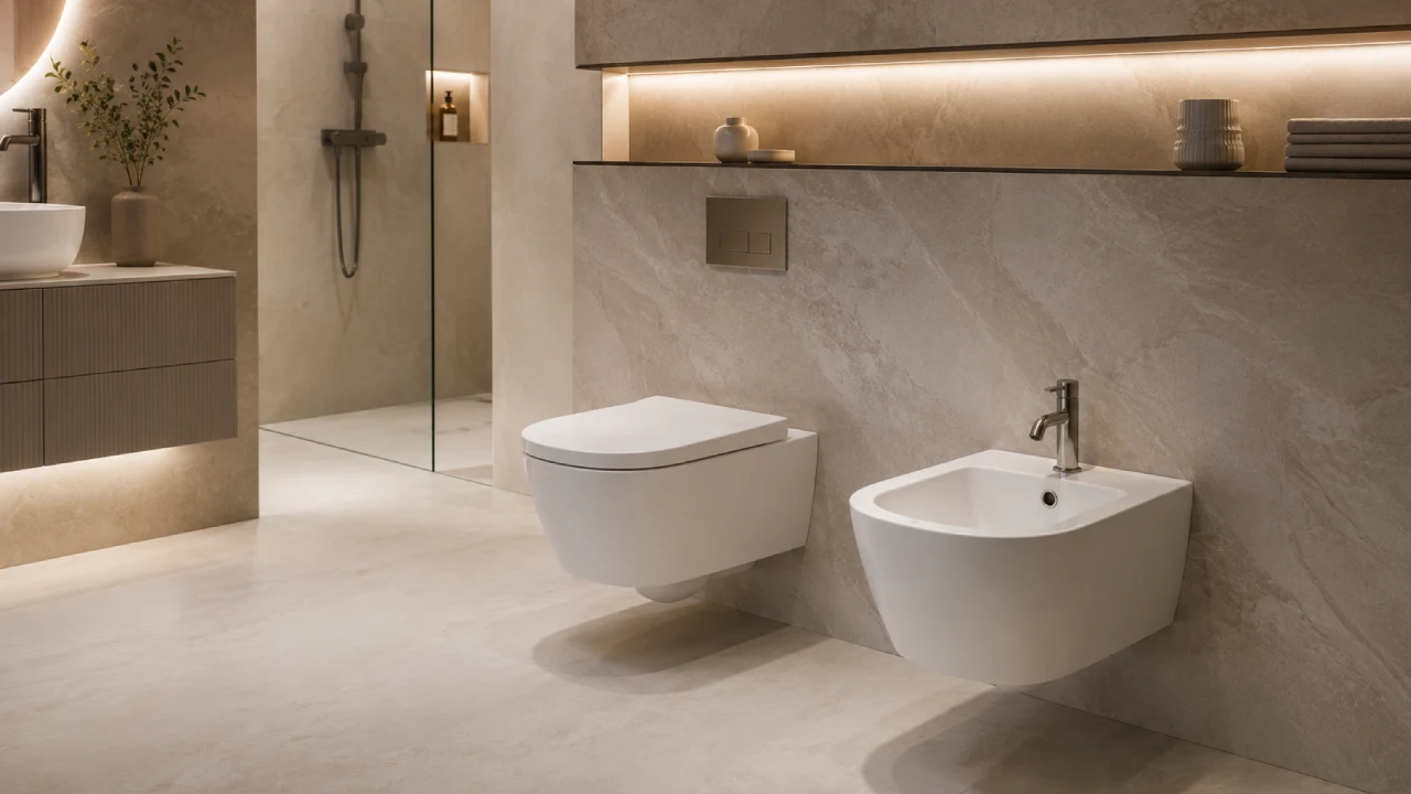 Inodoro y bidé suspendidos de diseño moderno en baño elegante