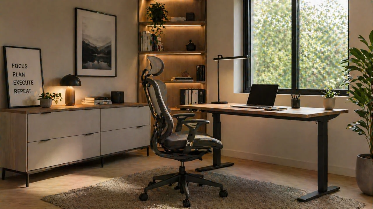 Silla ergonómica en oficina en casa con escritorio moderno