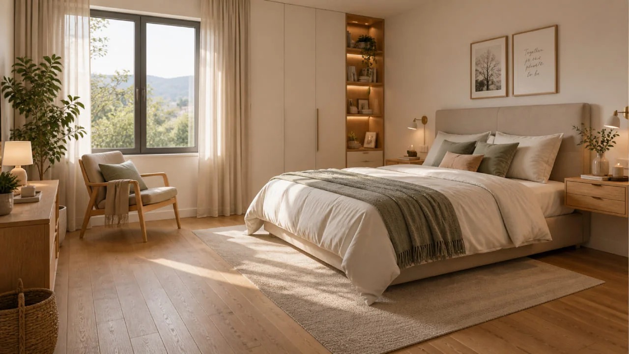 Dormitorio con suelo cálido y acabados neutros bien combinados