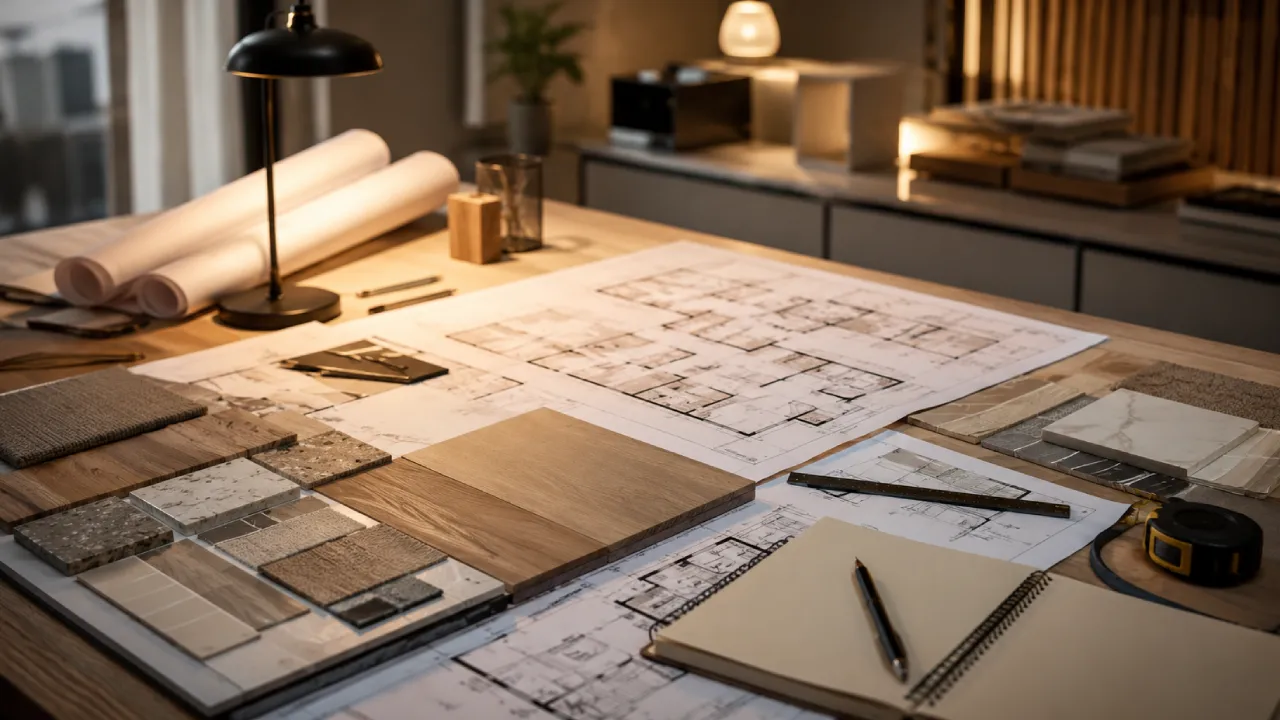 Proyecto de diseño de interiores en proceso con planos y materiales