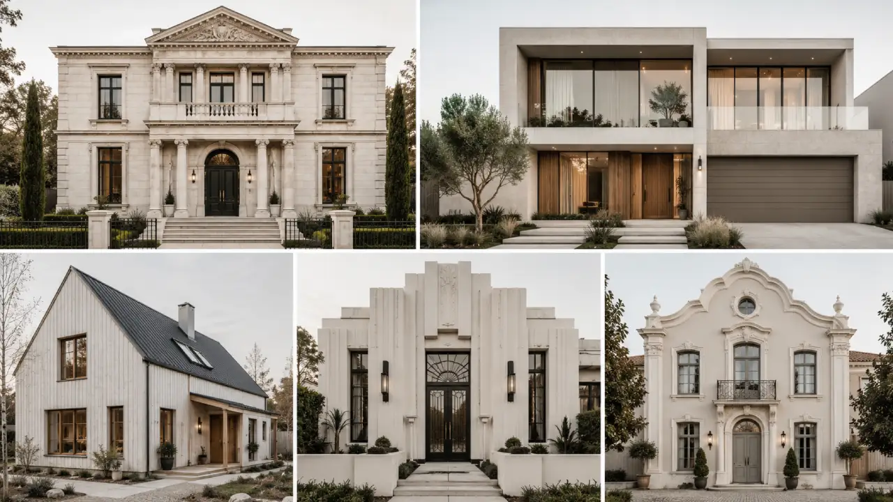 Tipos de casas con estilos arquitectónicos clásico, moderno, escandinavo, Art Déco y barroco