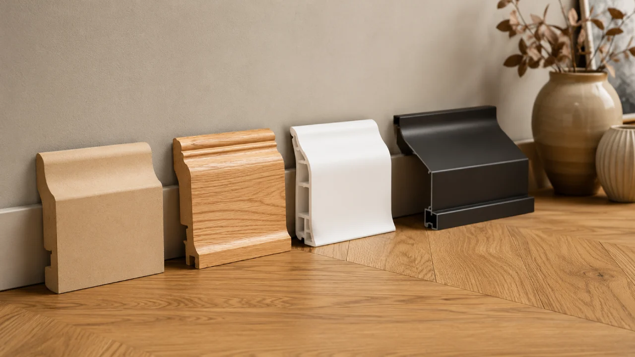 Tipos de zócalos para parquet en MDF, madera, PVC y perfil oscuro