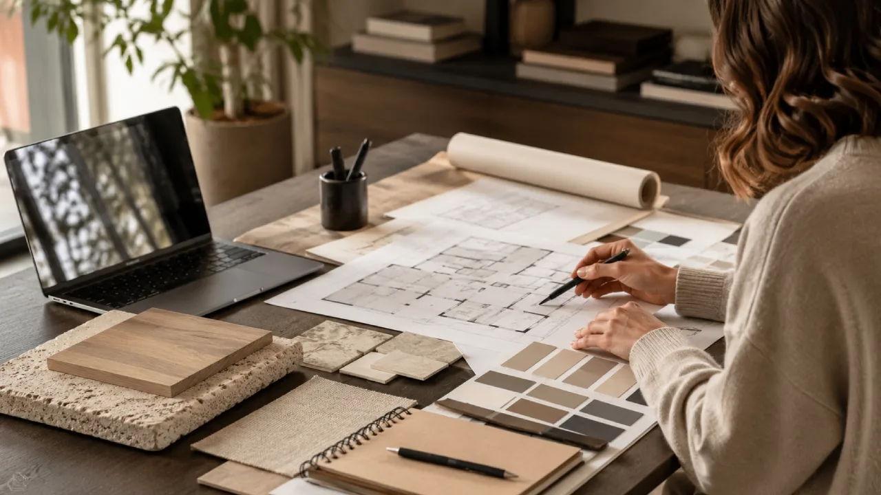 Diseñador de interiores trabajando con planos, materiales y paleta de colores