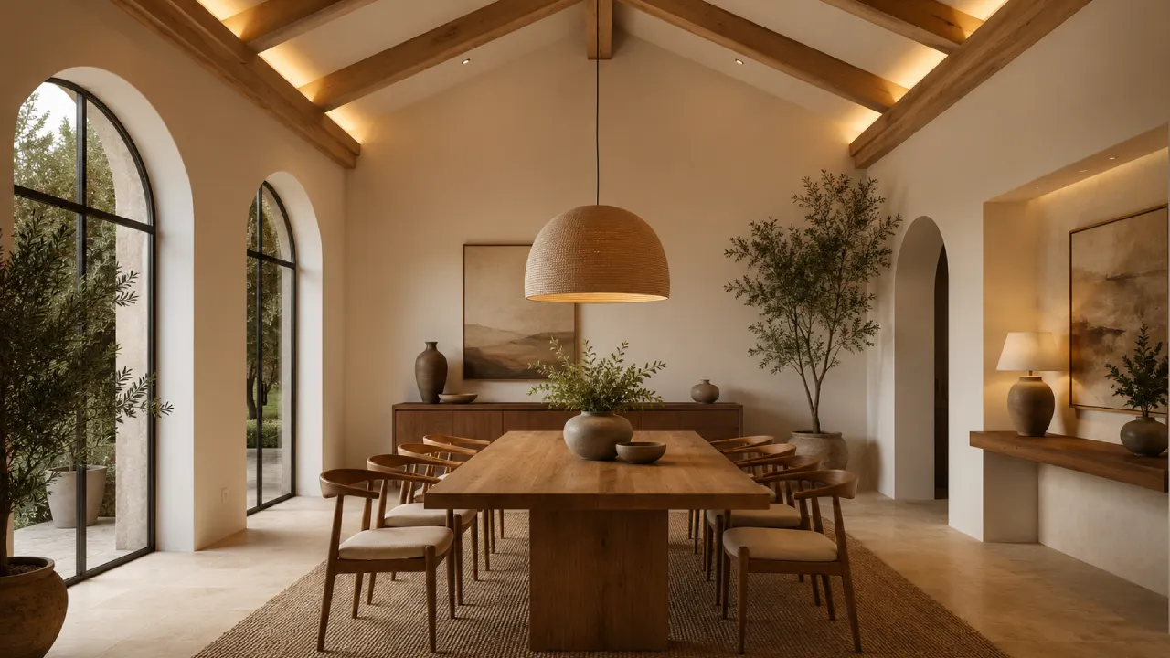 Comedor con techo alto decorado con vigas de madera e iluminación cálida